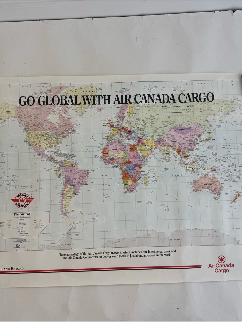 Vintage Air Canada Cargo Nautical World Map  - White with Multi-Color Countries